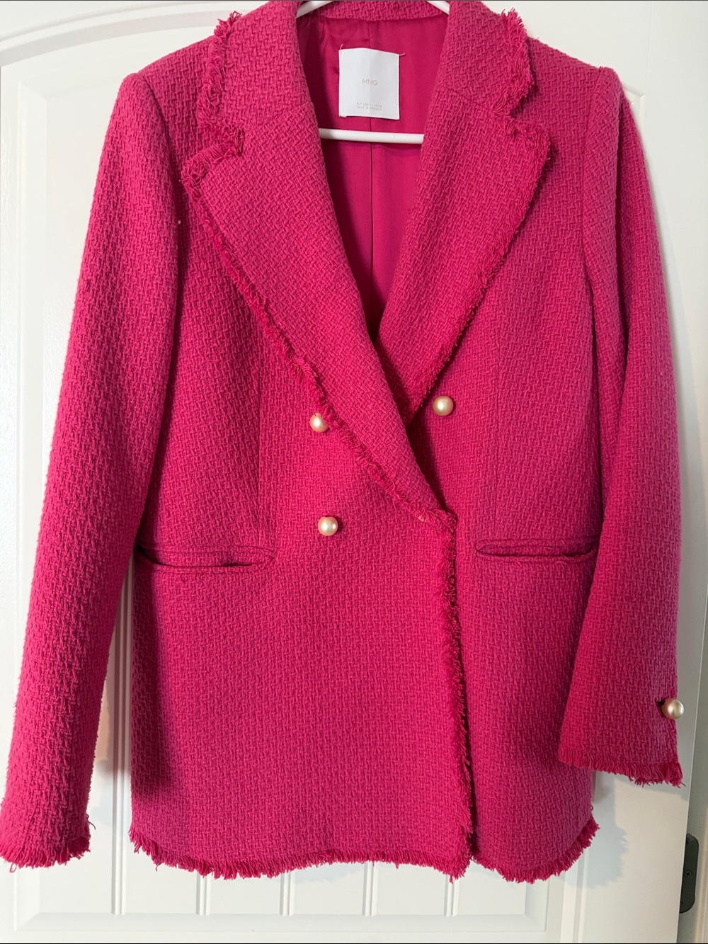 Fuchsia Double-Breasted Tweed Blazer with Pearl Buttons